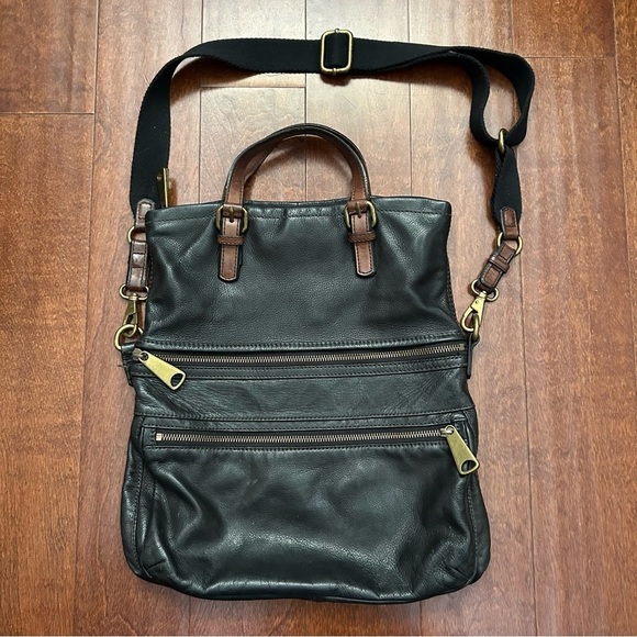 Fossil Explorer Tote in Black Leather with Brown Leather and Brass Accents - Picture 4 of 16